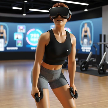 A person with short brown hair, wearing a fitted black workout tank top and grey athletic shorts, is engaged in a virtual reality workout. They are holding a pair of virtual dumbbells in each hand, positioned at their sides. The person is bent over at a 45-degree angle, with a straight back and focused expression. The virtual environment displays a high-tech gym setting with holographic fitness data and virtual trainers in the background. The floor is a polished wood, and bright overhead lights illuminate the scene.