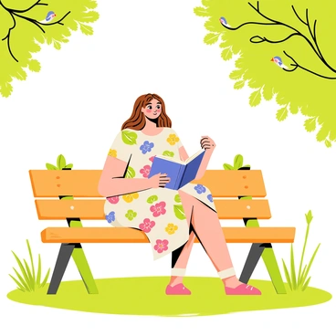 A fat woman sitting comfortably on a wooden bench in a park. She has long, wavy brown hair cascading over her shoulders. She is wearing a colorful floral dress that complements the greenery around her. In her hands, she holds an open book, with a focused expression on her face as she reads. Sunlight filters through the leaves of nearby trees, casting dappled shadows on the grass. A few birds can be seen perched on branches nearby, adding life to the tranquil setting.