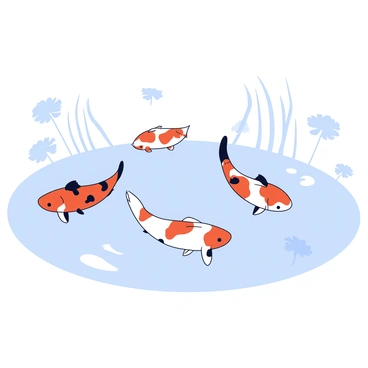 A group of koi fish with vibrant orange, white, and black patterns swimming gracefully through a pond. The water is slightly rippled, creating soft reflections of the fish. Surrounding the pond are indistinct silhouettes of lily pads and reeds, partially obscured by a light mist that gives the scene a tranquil atmosphere. The overall color palette is muted, with the colors of the koi fish standing out against the hazy backdrop.