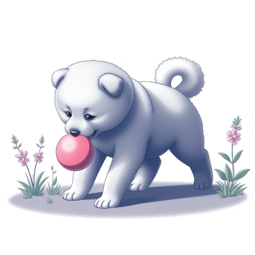 A fluffy chow chow puppy with a thick, fluffy coat is in a garden. The puppy is engaging with a "bright red ball," nudging it with its nose. Surrounding the puppy are various green plants and flowers, creating a lively atmosphere. The sun casts soft shadows on the grass, emphasizing the playful nature of the scene. The puppy's ears are perked up in excitement, and its tail is wagging as it prepares to pounce on the ball.