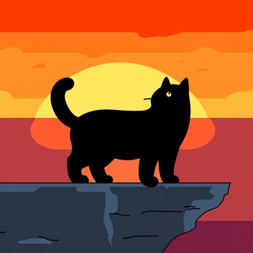 A dark silhouette of a large cat resembling "Heathcliff" stands on a rocky ledge. The cat is facing the horizon, showcasing its distinct shape with a bushy tail and pointed ears. In the background, a vibrant sunset fills the sky with shades of orange, red, and yellow, casting a warm glow. The sun is partially hidden, creating a dramatic effect as it dips below the horizon. The cat's outline contrasts sharply against the bright colors of the sunset, emphasizing its presence in the scene.