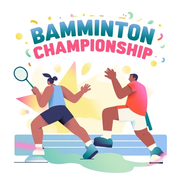 A lively sports banner features two badminton players in mid-action on a vibrant court. One player, a young woman with dark hair in a ponytail, is wearing a blue athletic top and black shorts, swinging her racket to hit a shuttlecock. The other player, a young man with short brown hair, is dressed in a red shirt and white shorts, lunging forward to return the shot. The background includes colorful geometric shapes and lines that convey movement and excitement. The words "Badminton Championship" are prominently displayed in bold, dynamic font at the top of the banner, surrounded by a burst of colors that enhance the energetic atmosphere of the scene.