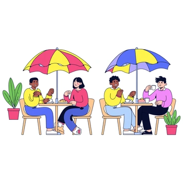 A cozy outdoor café with small round tables and chairs made of light wood. Colorful umbrellas in shades of red, blue, and yellow are opened above each table, providing shade. People are sitting at the tables, some sipping coffee from white mugs while others are enjoying pastries on small plates. The ambiance is lively, with conversations taking place among the patrons. Potted plants with green leaves are positioned around the café to enhance the inviting atmosphere.