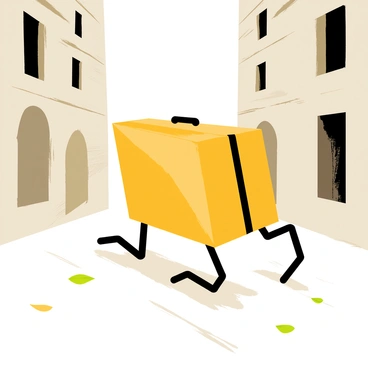 The Luggage scuttling down a cobblestone alley, its legs a blur of motion