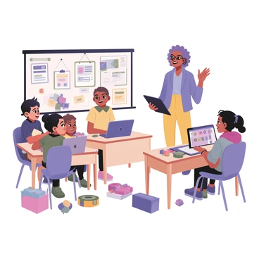 A woman standing in a bright and colorful classroom, teaching coding to a group of children. She has medium skin and short curly hair, wearing glasses, a blue shirt, and bright yellow pants. The classroom has posters of coding concepts on the walls and a whiteboard with colorful markers. The children, three boys and two girls, are sitting at desks with laptops open in front of them. They are engaged and smiling, with one boy excitedly raising his hand. The teacher is holding a tablet displaying a colorful coding game. Various fun, interactive tools like building blocks and robot kits are scattered around the room.