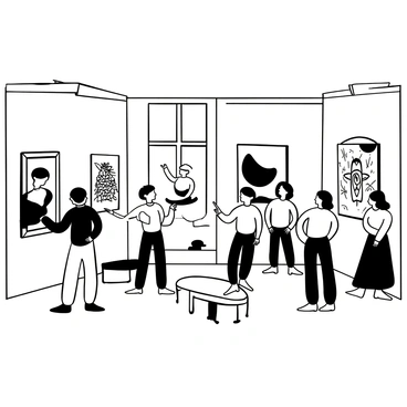 An art gallery interior with various artworks displayed on the walls. The artworks include abstract paintings, intricate sculptures, and detailed sketches. In the foreground, a group of diverse visitors stands in different poses, some pointing at the artworks, others discussing among themselves. Natural light filters through large windows, illuminating the space. The floor is made of polished wood, and there are small benches placed throughout for visitors to sit and contemplate the pieces.