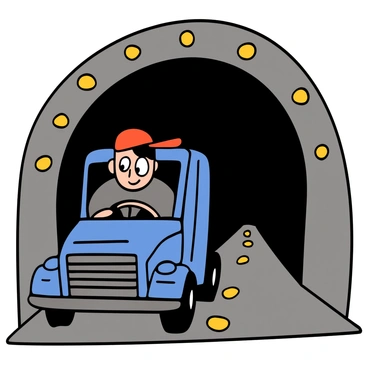 A truck with a shiny blue exterior is entering a brightly lit tunnel, with vibrant yellow lights illuminating the entrance. The driver, a light-skinned man with short black hair, has big eyes filled with concentration as he focuses on the road ahead. He is wearing a red baseball cap and a gray t-shirt. The interior of the truck is detailed, showcasing the steering wheel and dashboard, while the tunnel walls are smooth and lined with bright lights, leading into darkness ahead.