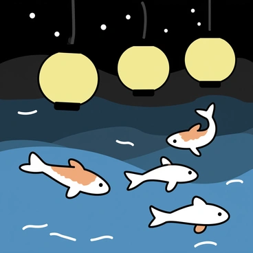 A group of orange and white koi fish swimming gracefully beneath several round, glowing lanterns. The lanterns are softly illuminating the water's surface, casting a warm glow that contrasts with the dark night sky. The koi fish glide through the water, their scales shimmering in the light, creating a sense of movement and life. The scene captures the tranquility of the underwater world, with gentle ripples surrounding the fish, enhancing the atmosphere of a nighttime festival.