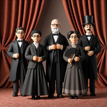 A group of historical personalities gathered together for a reunion, each portrayed in a formal pose typical of a carte de visite. In the center, a distinguished man with a white beard and glasses, wearing a black suit, smiles warmly. To his right, a woman with long, dark hair styled in an elaborate updo, dressed in a Victorian-era gown with lace detailing, holds a fan. On the left side, a young man with a bowtie and a top hat stands proudly with his hands clasped in front of him. Behind them, an older gentleman with a monocle and a waistcoat gazes thoughtfully into the distance. The backdrop features a richly textured drape, adding an elegant touch to the gathering. Each personality's attire reflects their time period, creating a rich tableau of history captured in a single image.