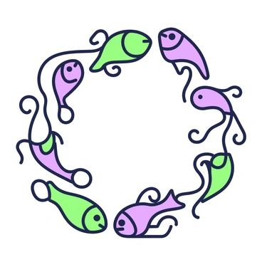 A school of fish made from wire is arranged in a circular motion. Each fish is uniquely shaped, with intricate twists and turns in their wire bodies. The fish are varying in size, creating a dynamic sense of movement. They are swimming close together, with some fish slightly overlapping. The wire has a playful, whimsical quality, showcasing the creativity of their design. The background is minimal to emphasize the detailed craftsmanship of each fish in the circular formation.