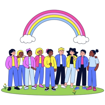 A diverse group of people standing together in an open field. The congregation includes individuals of various ages and ethnicities, all looking up at a vibrant rainbow arching across the sky. The field is filled with green grass and a few scattered wildflowers. Each person has a look of joy and hope on their face as they enjoy the uplifting scene above them.