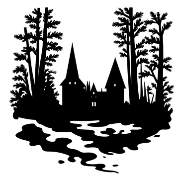 A dark silhouette of "Rivendell" is nestled among tall "trees", their branches reaching upward against the early morning sky. The architectural details of "Rivendell" are faintly visible, blending elegantly with the surrounding foliage. Soft "mist" is rising from the ground, curling around the bases of the "trees" and creating a mystical atmosphere. The dawn light gently illuminates the edges of the scene, casting long shadows and enhancing the tranquil beauty of the setting.