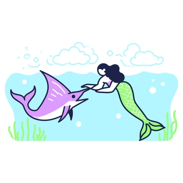 A sailfish is swimming in crystal-clear waters, its long, slender body streamlined and glistening. The sailfish has a large dorsal fin raised, displaying vibrant colors. Nearby, a mermaid with flowing hair is playfully engaging with the sailfish. The mermaid has a shimmering tail that reflects light, and she appears joyful as she reaches out towards the fish. Surrounding them are small bubbles and aquatic plants swaying gently in the water, creating a lively underwater scene.