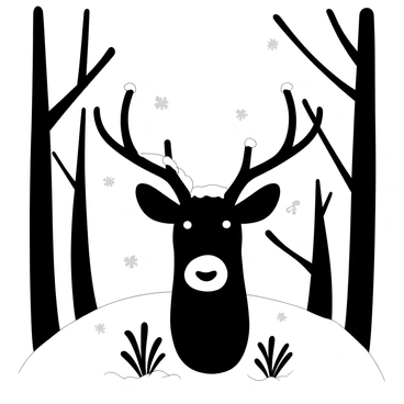 A deer's head with large, branching antlers is positioned in the center of the image, with snow gently resting on the tips of the antlers. The background features tall, leafless trees, creating a winter forest atmosphere with a soft layer of snow covering the ground. Delicate snowflakes are falling, enhancing the serene winter scene. The deer is surrounded by a few lightly dusted bushes, contributing to the tranquil environment.