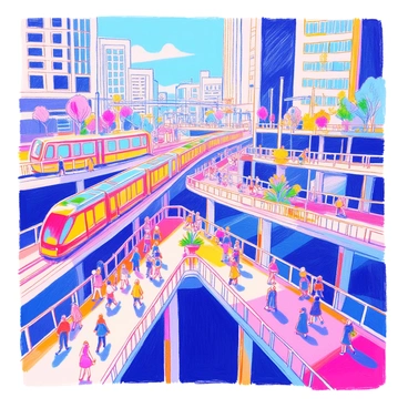 A complex transport system features sleek magnetic trains gliding smoothly along elevated tracks, their streamlined designs reflecting sunlight. Below, various pedestrian walkways are interconnected, with people walking briskly in different directions. Some walkways have transparent barriers, while others are lined with greenery, adding vibrant splashes of color. In the background, modern buildings rise, showcasing large windows and architectural curves. The scene captures a sense of dynamic movement and urban life.