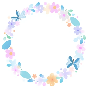 A whimsical border encircles a blank page, filled with an array of colorful flowers in various shapes and sizes. The flowers feature petals in shades of pink, blue, yellow, and purple, creating a vibrant tapestry of colors. Scattered throughout the floral arrangement are delicate butterflies, each with intricate patterns on their wings, showcasing hues of orange, green, and white. The overall composition radiates a playful and lively atmosphere.