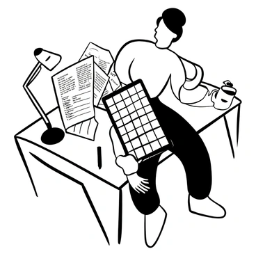 A person sitting at a table, holding a tablet in both hands, with fingers poised above the screen. The tablet displays a crossword puzzle grid filled with black and white squares, some squares shaded to indicate filled words. In the background, there are scattered pages of crossword clues and a pencil lying on the table. A coffee mug is placed to the side, and a small desk lamp illuminates the scene, casting soft shadows.