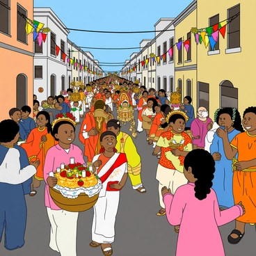 A vibrant procession in a bustling city street, filled with citizens of various ethnicities. People are carrying ornate statues adorned with colorful decorations, including flowers and ribbons, while others hold traditional offerings like baskets filled with fruits and candles. The citizens are dressed in festive clothing, featuring bright colors and intricate patterns. Some individuals are playing musical instruments, adding a lively atmosphere to the scene. The street is lined with buildings that have colorful banners hanging from balconies, and a clear blue sky is visible above. The expressions of the citizens are joyful and reverent as they participate in the celebration.