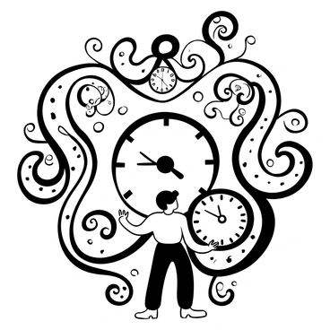 An intricate wall clock with swirling decorative elements. The clock features ornate patterns that wrap around its edges. In the center, there is a figure holding multiple timepieces, each distinct in shape and size. The clock hands are elegantly designed, pointing to various hours. The overall composition includes additional smaller clock faces, intertwined within the swirling decorations, adding to the complexity of the design.