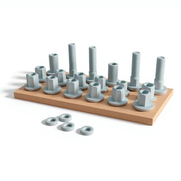 A collection of metallic bolts and nuts, each with a shiny silver finish. The bolts vary in length and thickness, with some having hexagonal heads, while the nuts are of matching sizes, displaying corresponding threading. The entire set is neatly arranged on a wooden surface, organized in rows with clear spacing between each piece. Soft shadows cast by the overhead light create a subtle contrast, highlighting the details and textures of the metal surfaces.