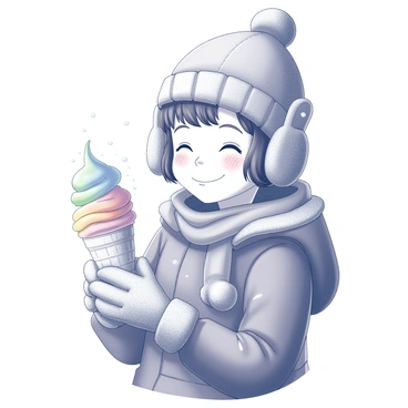 A child wearing thick winter clothing is holding an ice cream cone. The child has a knitted hat with ear flaps, a puffy jacket, and mittens. The ice cream cone is colorful, with a large scoop atop. The child is smiling, with their cheeks slightly rosy from the cold. Flakes of snow are visible around them, contrasting with the warmth of the ice cream. The scene captures a joyful moment of enjoying a treat despite the winter weather.