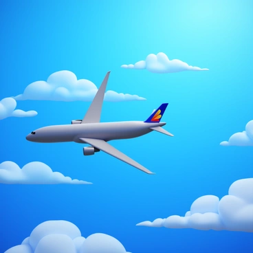 An airplane soaring high above the clouds. The airplane is sleek and modern, featuring a shiny metallic fuselage and colorful airline branding on the tail. Fluffy white clouds stretch across the sky, creating a soft contrast against the vivid blue backdrop. The sunlight glints off the wings of the airplane, highlighting its aerodynamic shape. The scene conveys a sense of altitude and freedom in the vast expanse of the sky.
