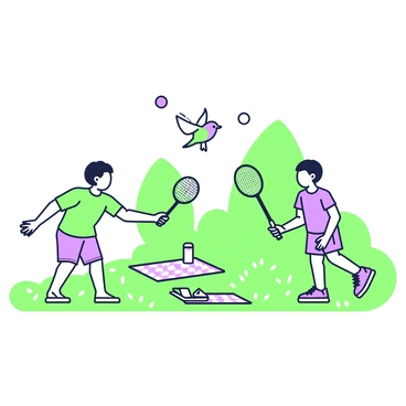 A suburban backyard is set up for a casual game of badminton. Two children are actively playing, one wearing a bright t-shirt and the other in shorts, both holding badminton rackets. In the center of the scene, a colorful birdie is in mid-air, captured as it is being struck by the racket of the child. The grass is neatly trimmed, and there are a few trees in the background casting shadows. A small picnic blanket is spread out nearby, with a water bottle and a snack visible. The atmosphere conveys a lively and playful vibe as the kids focus on the game.
