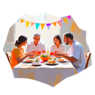 A family gathering during Greek Easter celebrations featuring several members of the family sitting around a large wooden table. Each person holds a vibrant red egg, ready to crack them together. The table is adorned with traditional Greek decorations, such as olive branches and candles. The family members display a mix of expressions, from excitement to concentration as they prepare for the egg-cracking game. In the background, a festive atmosphere is created with colorful banners and plates of traditional Greek food placed nearby.
