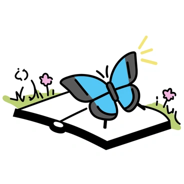 A butterfly with vibrant blue and black wings is resting on an open book. The book is placed on a patch of green grass in a sunlit meadow. The meadow is dotted with small wildflowers in various colors. Sunlight streams down, casting soft shadows around the scene. The pages of the book are slightly fluttered by a gentle breeze, and the background features a clear sky.