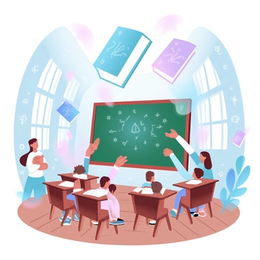 A classroom in a magic school features numerous large, colorful books floating in mid-air, each with intricate designs on their covers. Curious students are scattered around the room, some are seated at traditional wooden desks while others are standing, reaching out to touch the floating books. The walls are adorned with magical symbols and illustrations of various spells. In the center of the room, a large chalkboard displays complex equations glowing softly. Sunlight streams through tall windows, casting gentle beams across the wooden floor.