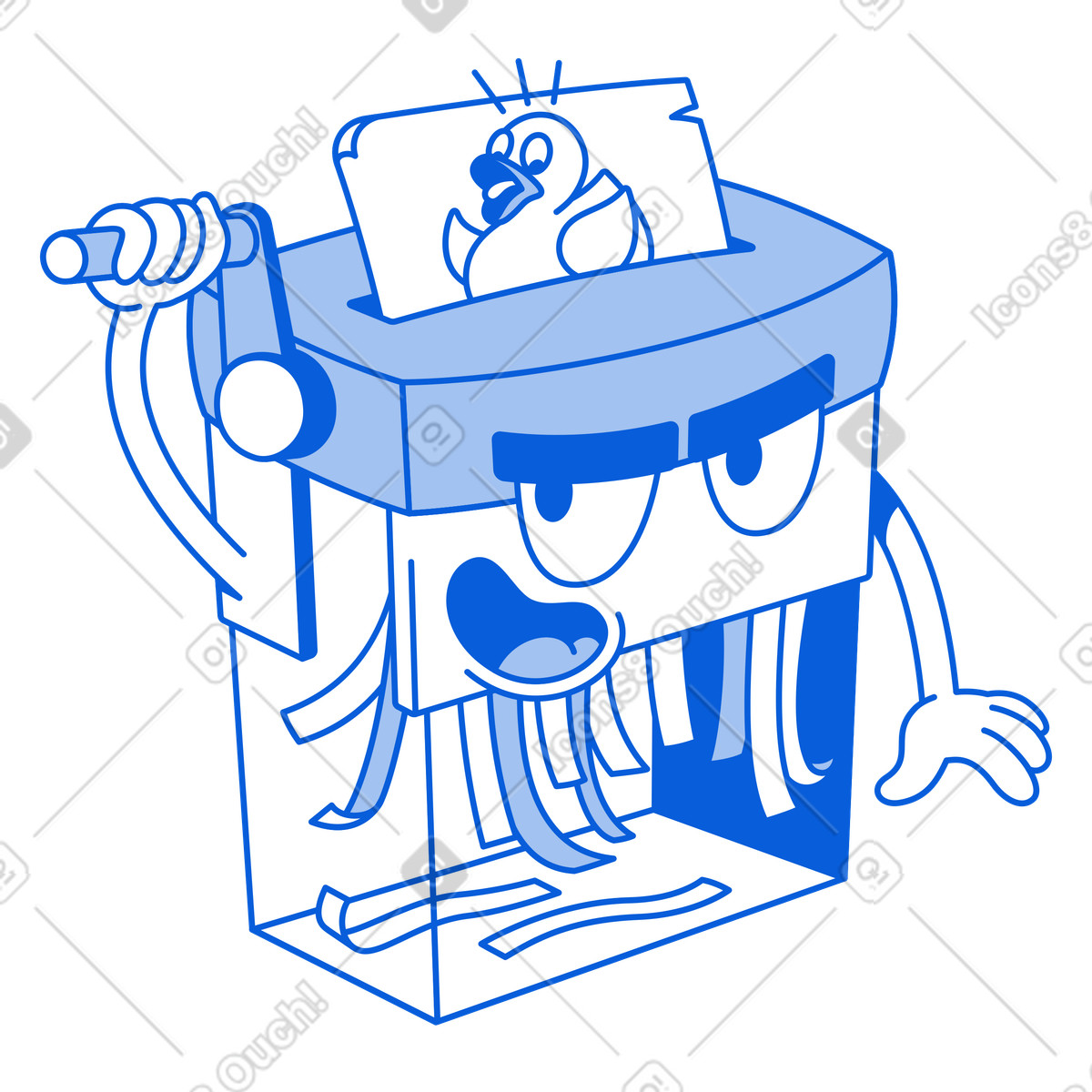 Paper shredder shredding rubber duck image, File deletion or fatal error concept animierte Illustration im Handy Line-Stil als Download in GIF, Lottie (JSON), AE