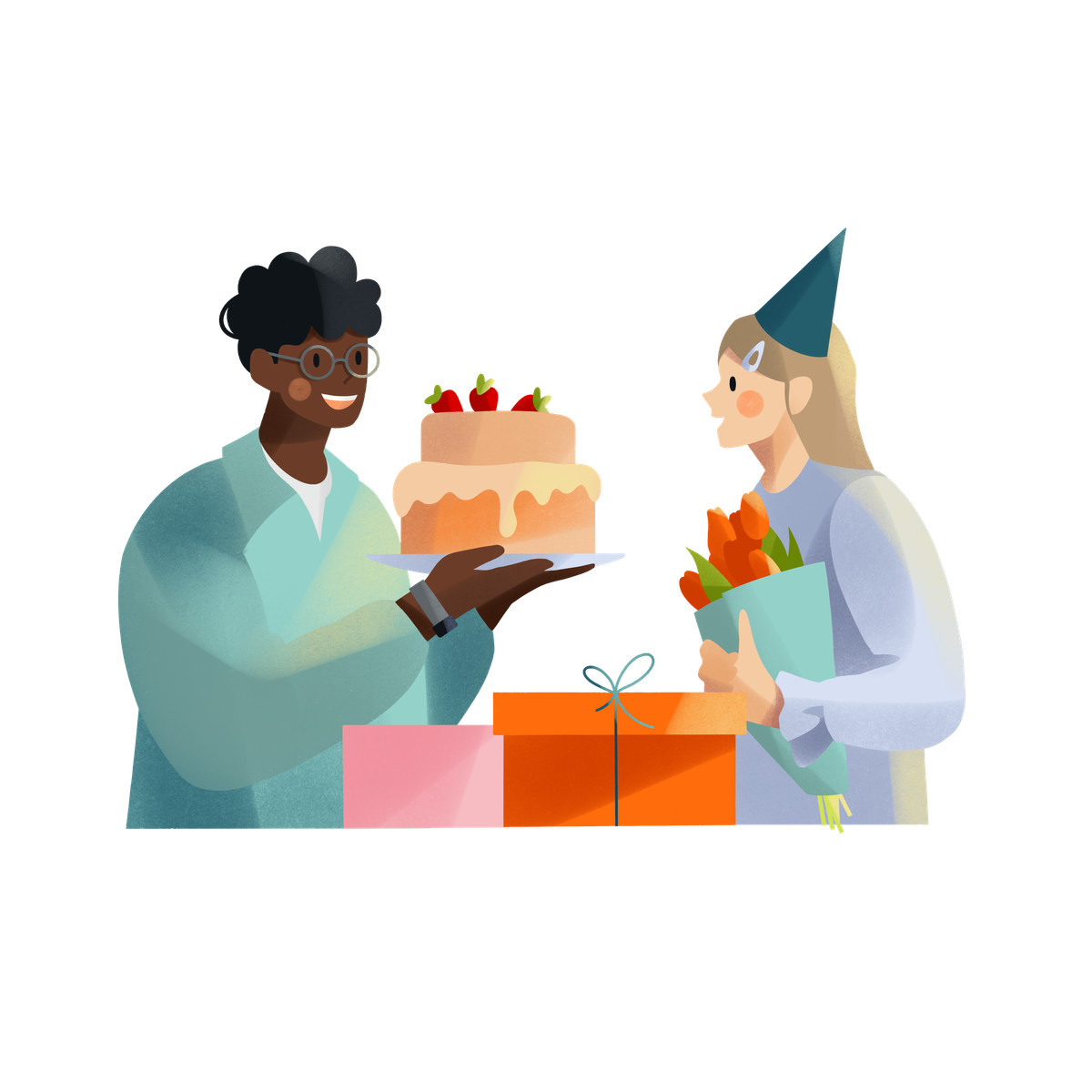 Ilustração de Jovem com um bolo felicita uma jovem em seu aniversário em PNG e SVG
