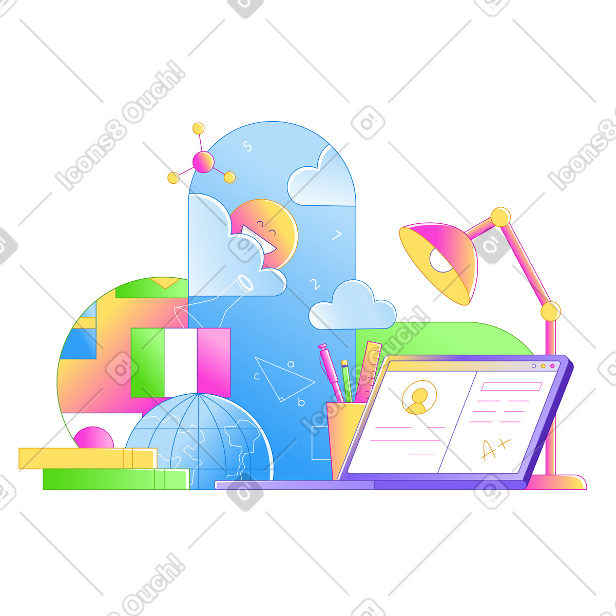 Digital classroom illustration featuring a laptop and study tools clipart for education technology PNG