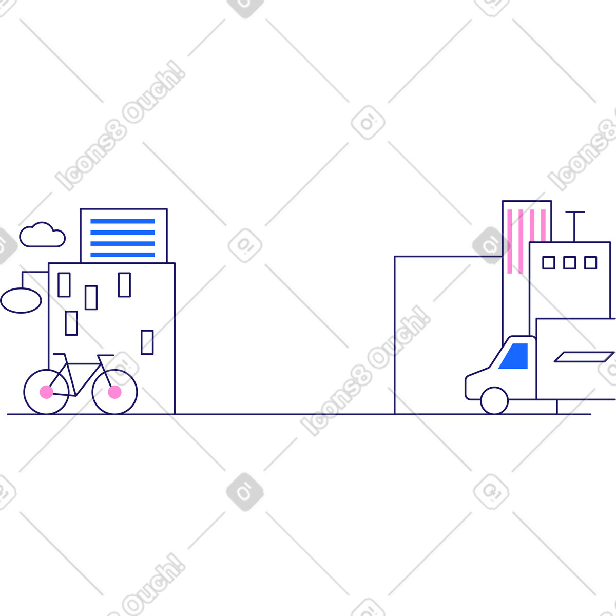 Stadt für den hintergrund mit auto und fahrrad-Illustration im Matey-Stil als Download in PNG, SVG