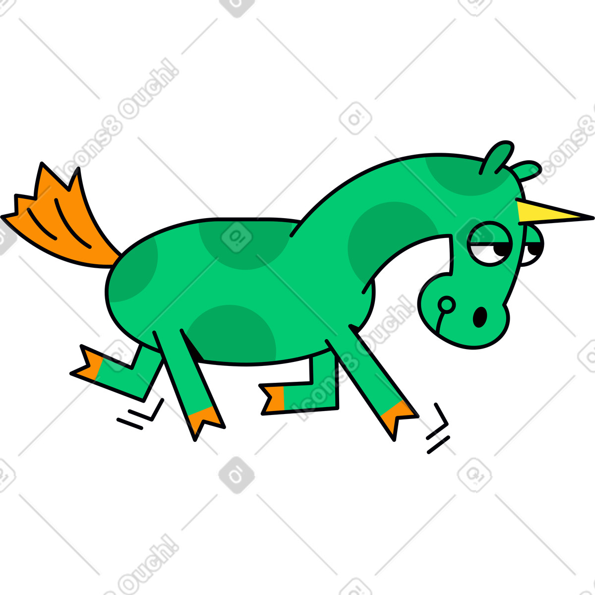 Ilustración Unicornio verde corriendo en estilo Droll a descargar en PNG y SVG
