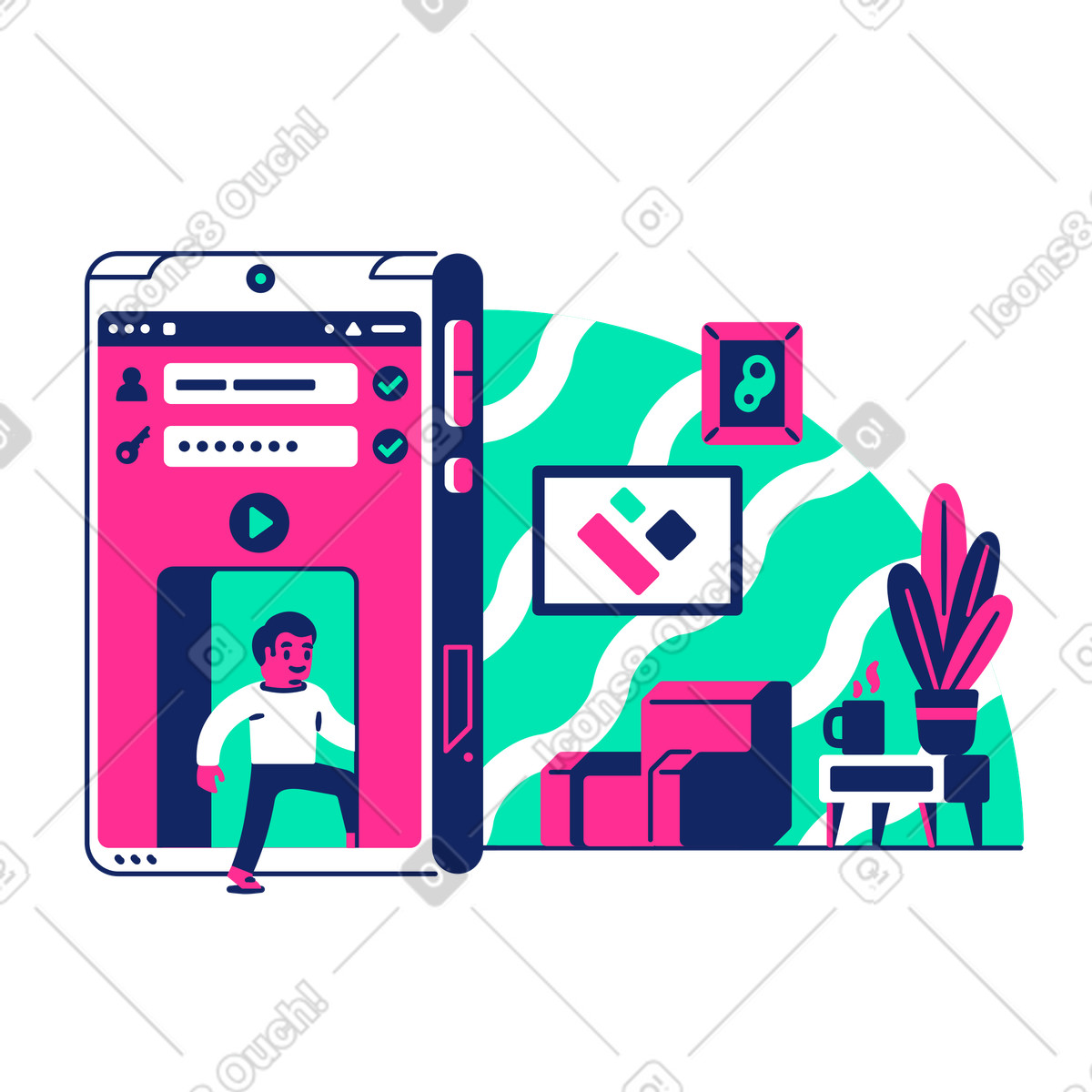 Mobile device login interface with home setting, Seamless sign-in and authentication concept-Illustration im Cyborg-Stil als Download in PNG, SVG