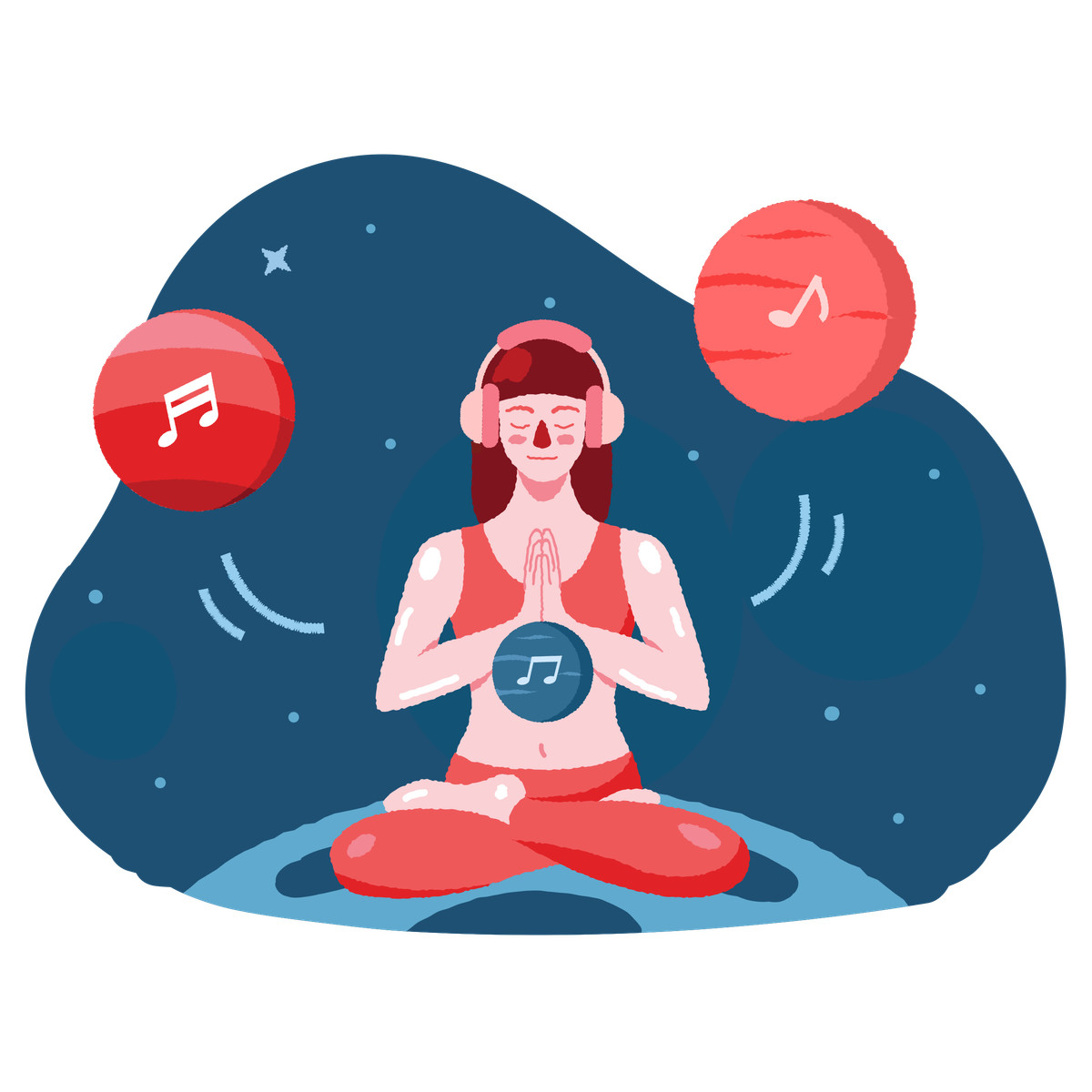 Woman meditating to relaxing music illustration chill clipart image in PNG