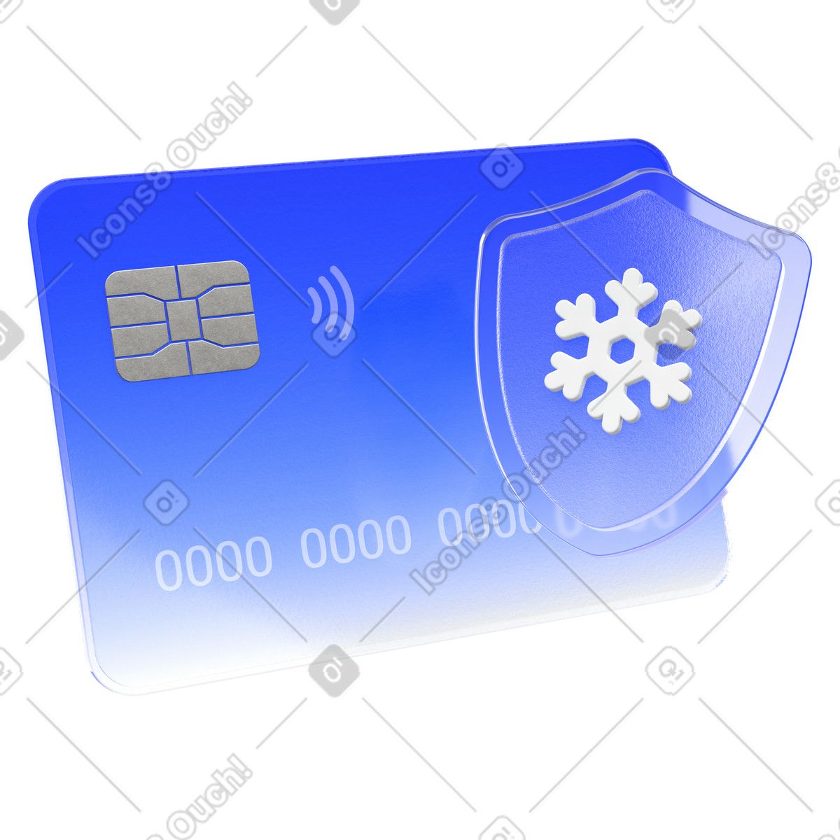 3D blue bank card with frozen shield, banking freeze and account safety, financial security measure illustration in Enterprise style download in PNG, SVG