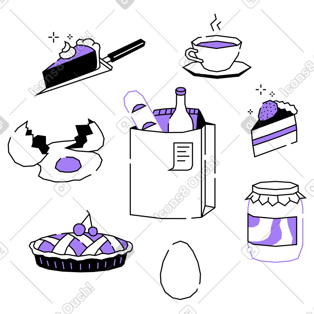 Assortment of foods, desserts and groceries illustration in Amethyst style download in PNG, SVG