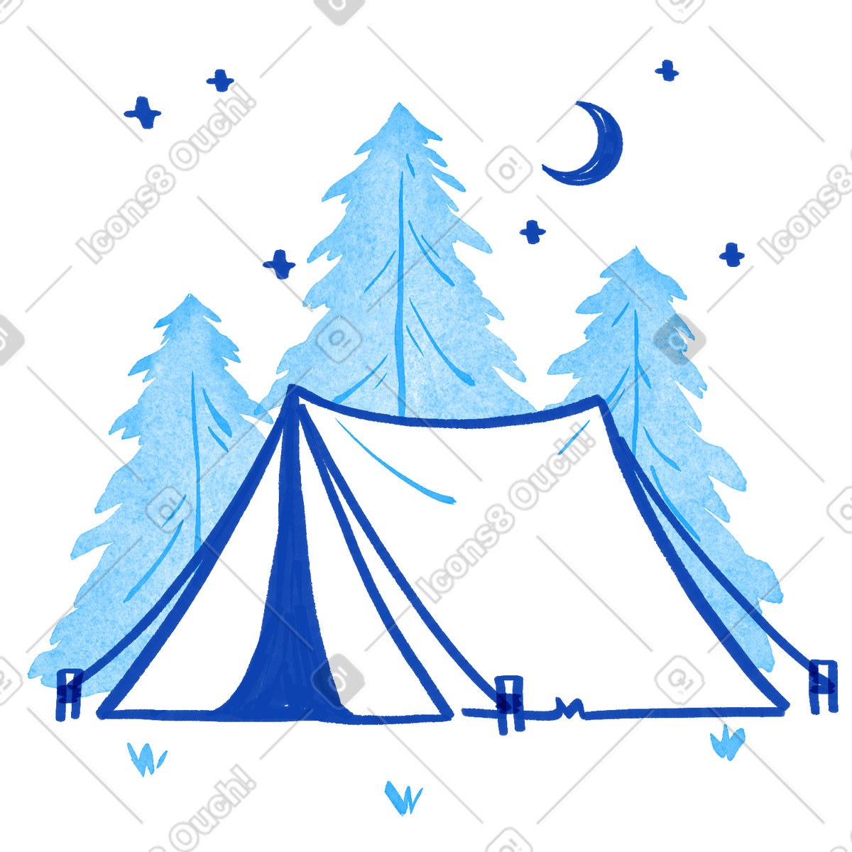 下载 Tint 风格的 Tent camping under crescent moon and stars among pine trees 插画，支持 PNG、SVG 格式