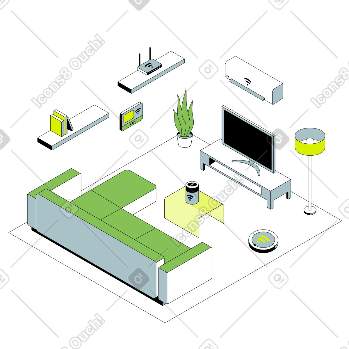Illustration Système de maison intelligente dans la chambre le style Isometric à télécharger aux formats PNG, SVG