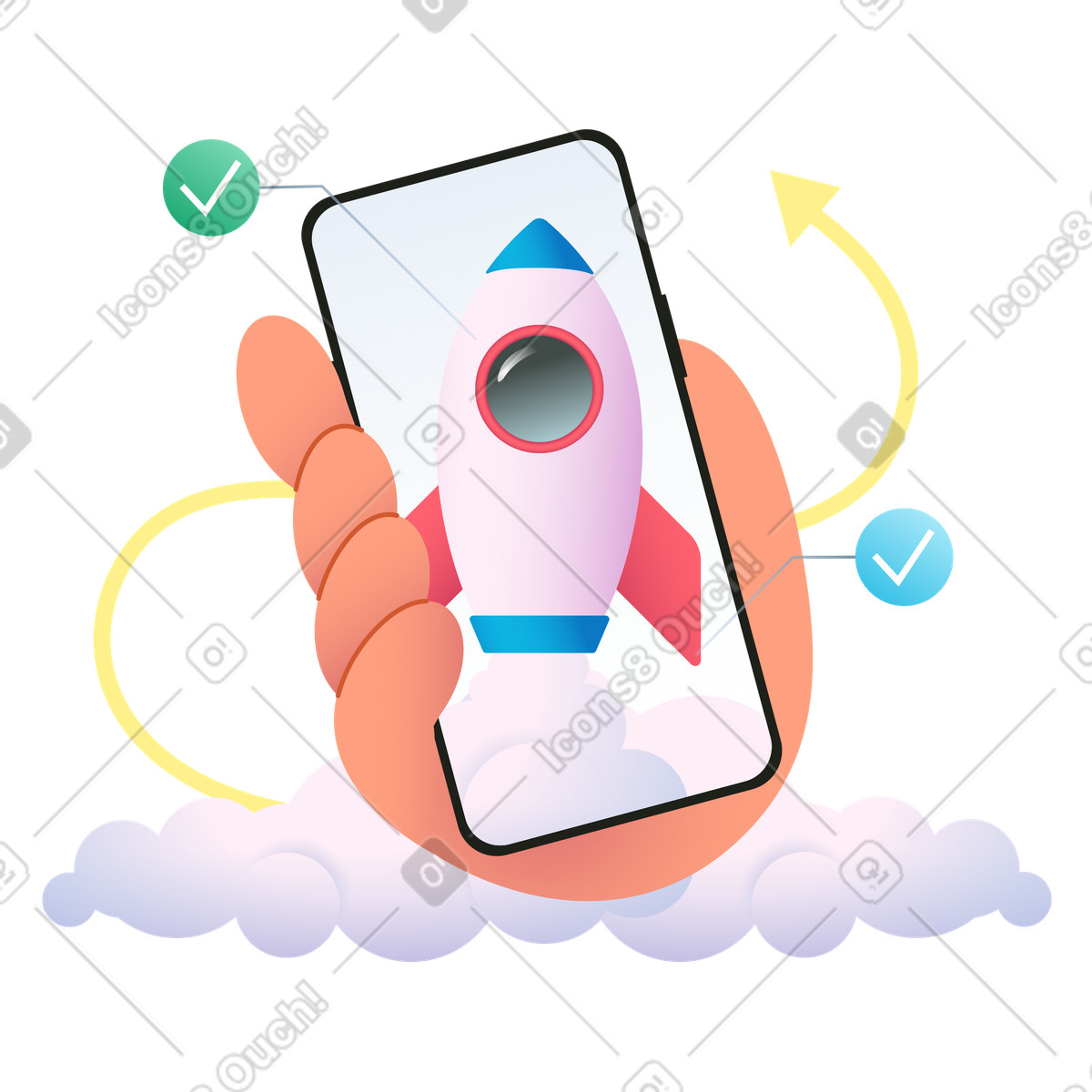 Colors 스타일의 Rocket flying out of mobile phone 애니메이션 일러스트레이션 GIF, Lottie(JSON), AE로 다운로드