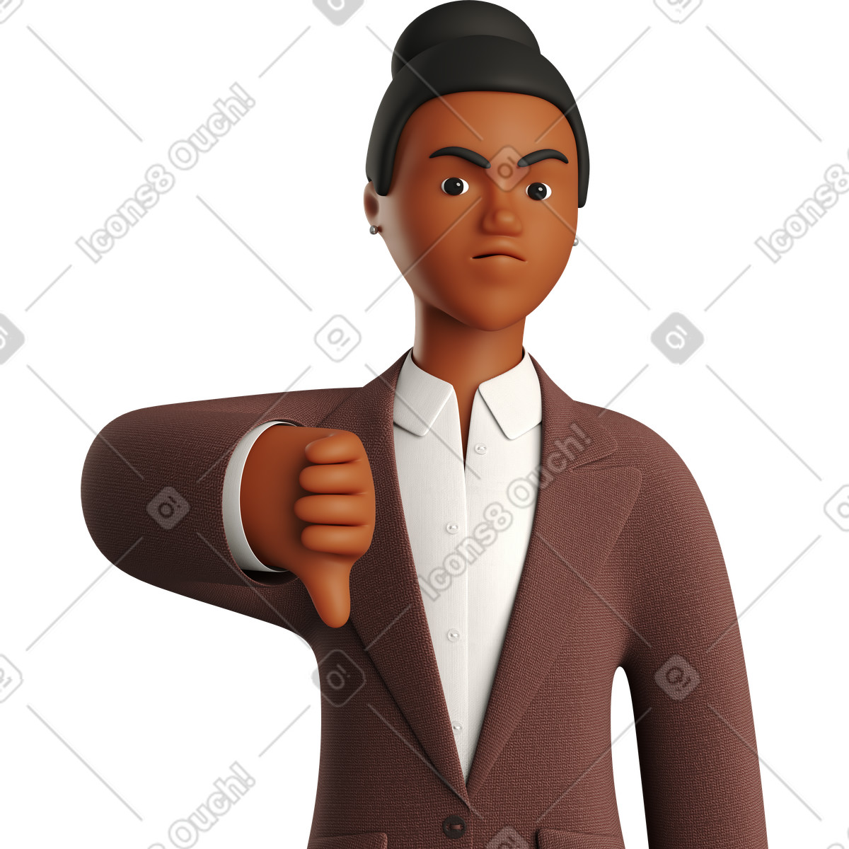 Illustration Angry black businesswoman in brown suit showing thumbs down dans le style 3D Business à télécharger aux formats PNG, SVG