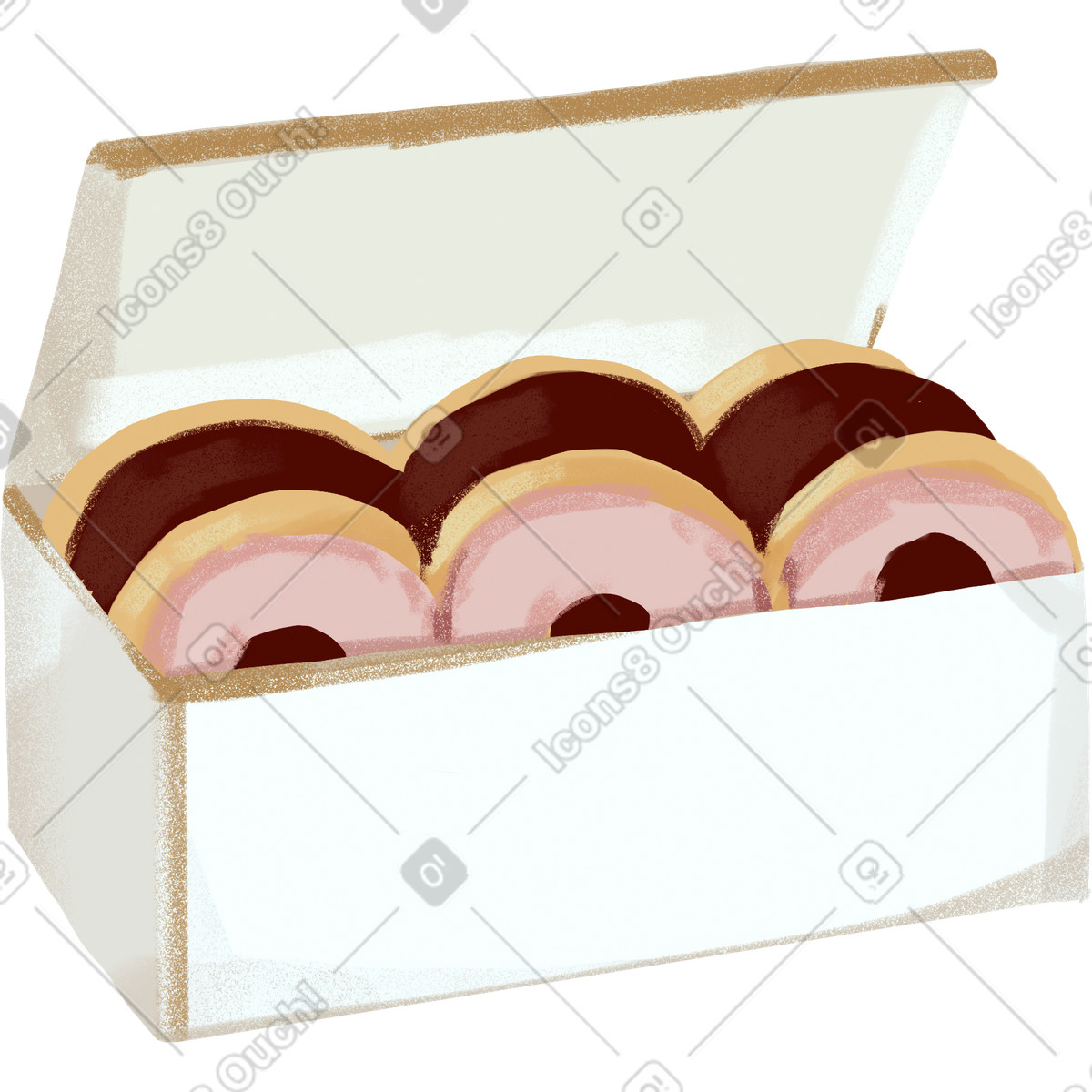 Box of strawberry and chocolate donuts illustration in Ikigai style download in PNG, SVG