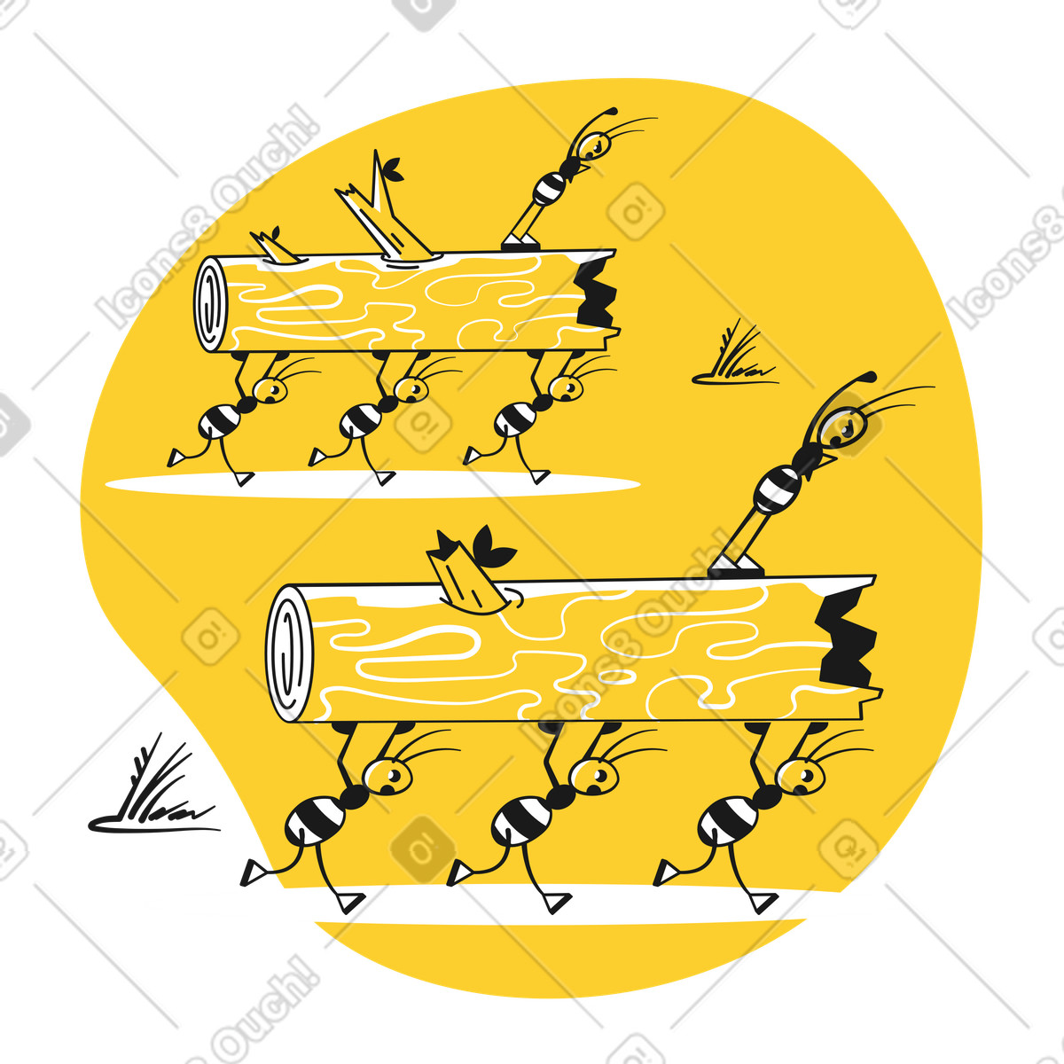 Ants running and carrying logs illustration in Taxi style download in PNG, SVG