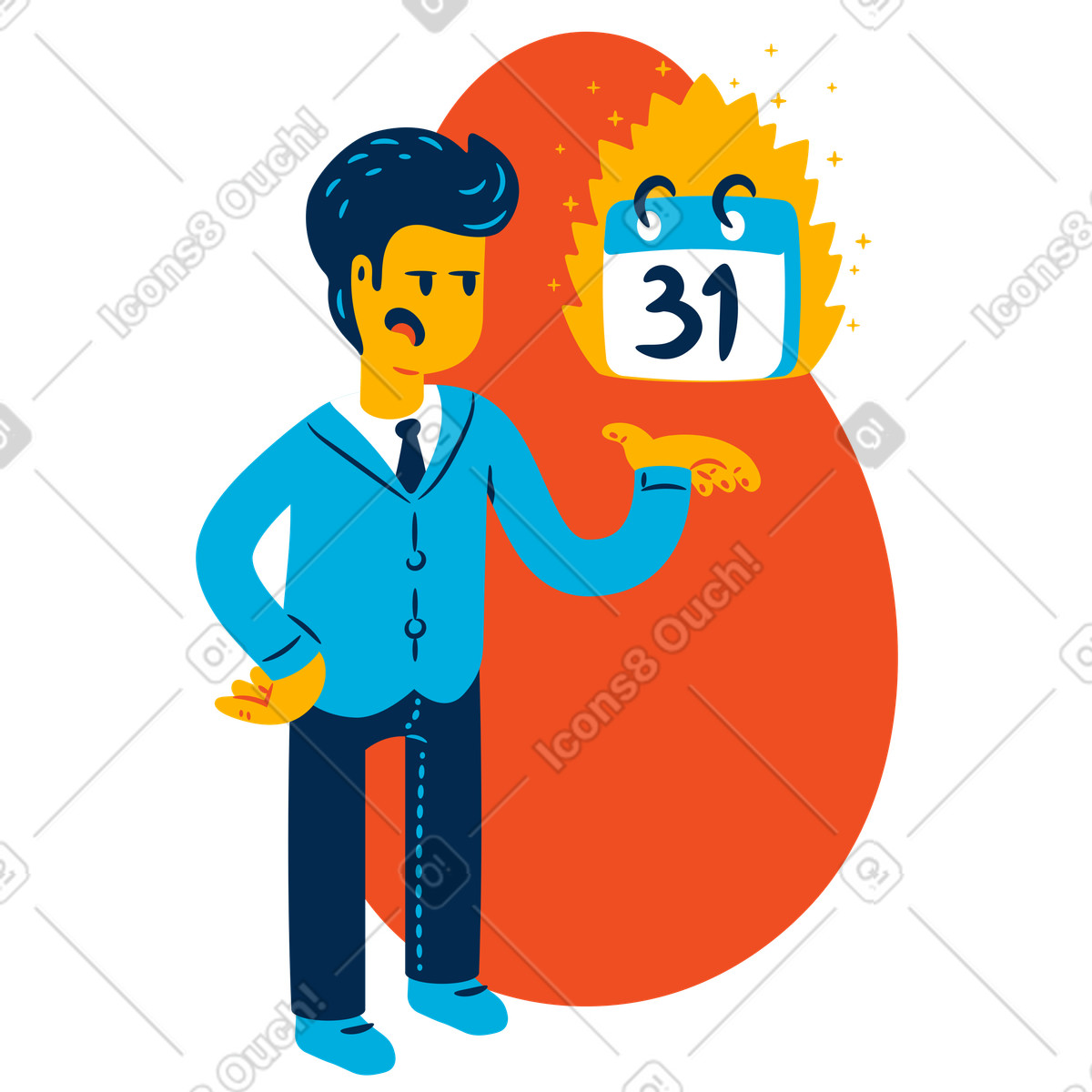 Uomo infastidito che mostra il calendario con la scadenza illustrazione in stile Flame scarica in PNG, SVG