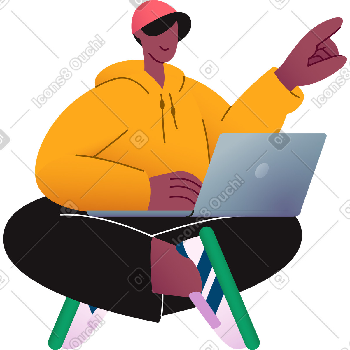 Man sitting with a laptop and his left hand raised up illustration in Colors style download in PNG, SVG