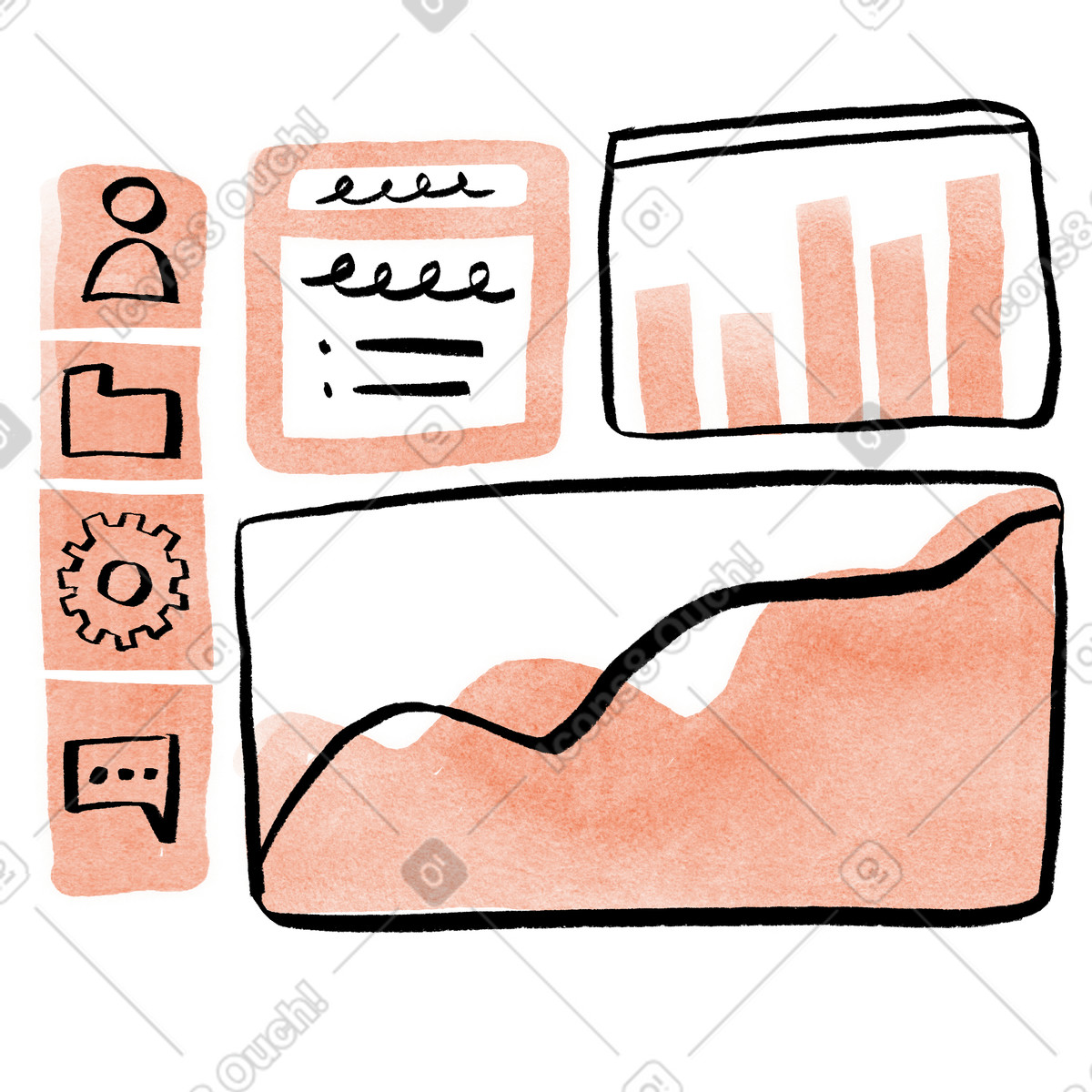 Dashboard with analytics charts and sidebar icons, Business app user interface animated illustration in GIF, Lottie (JSON), AE