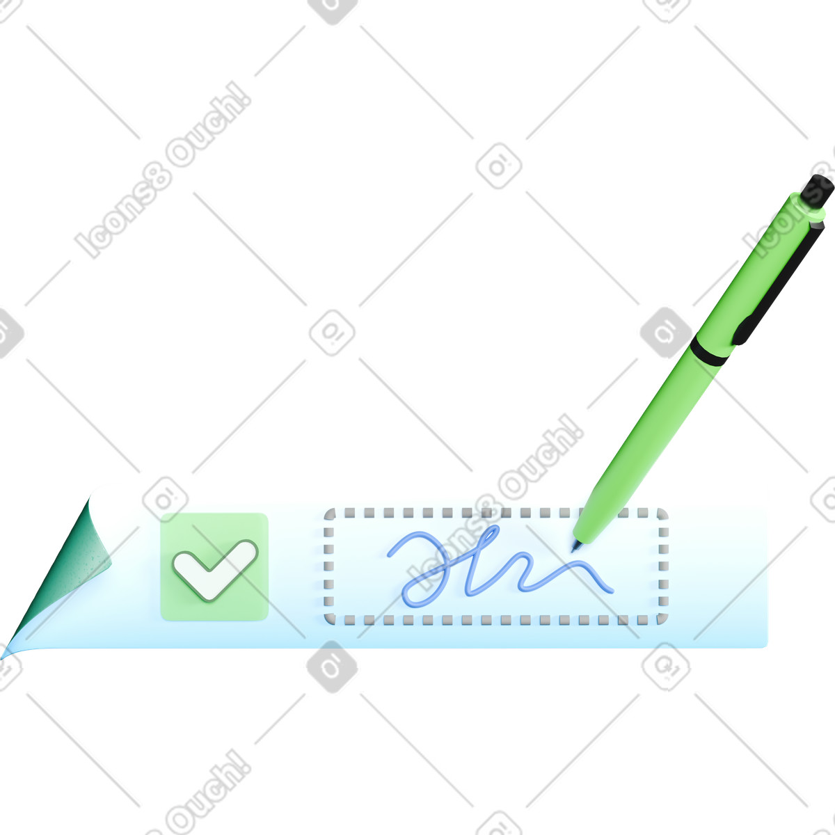 Ilustración Pen signing digital signature field with checkmark approval icon en estilo 3D Business a descargar en PNG y SVG