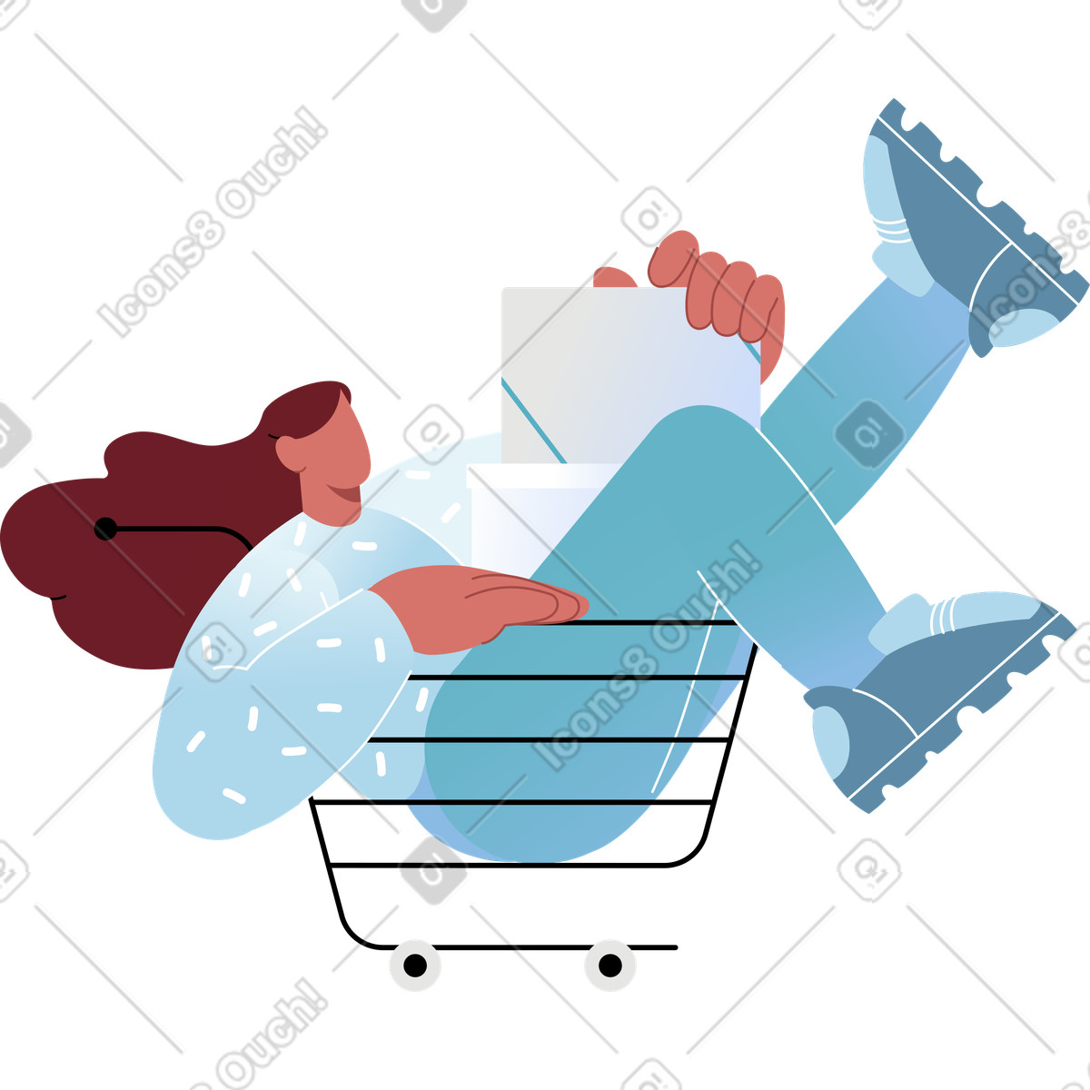 Donna con capelli fluenti in un carrello del supermercato illustrazione stile Airy scarica PNG, SVG